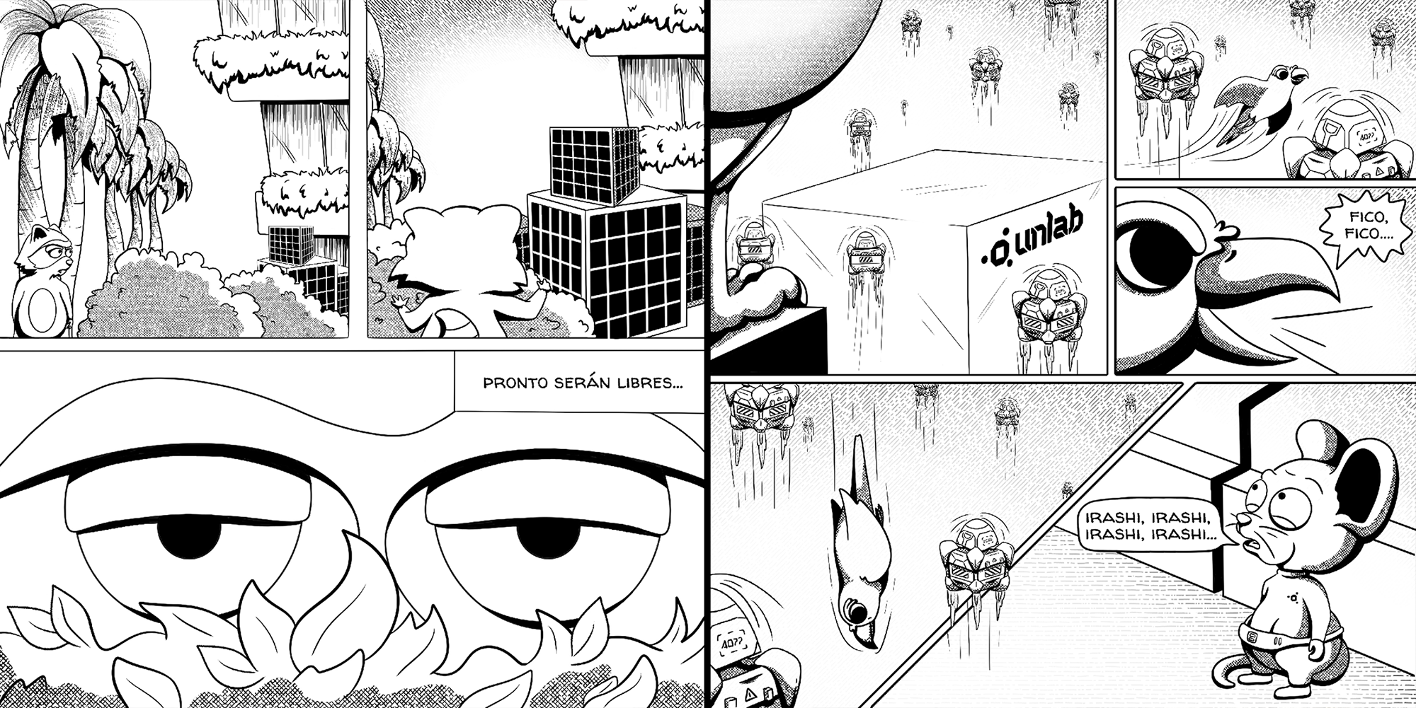 Ilustraciones estilo comic narrando la historia de los personajes